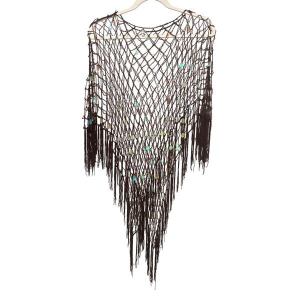 Womens Unbranded Brown Open Knit Crochet Fishnet Poncho Shawl Sequin Fringe - Picture 1 of 3